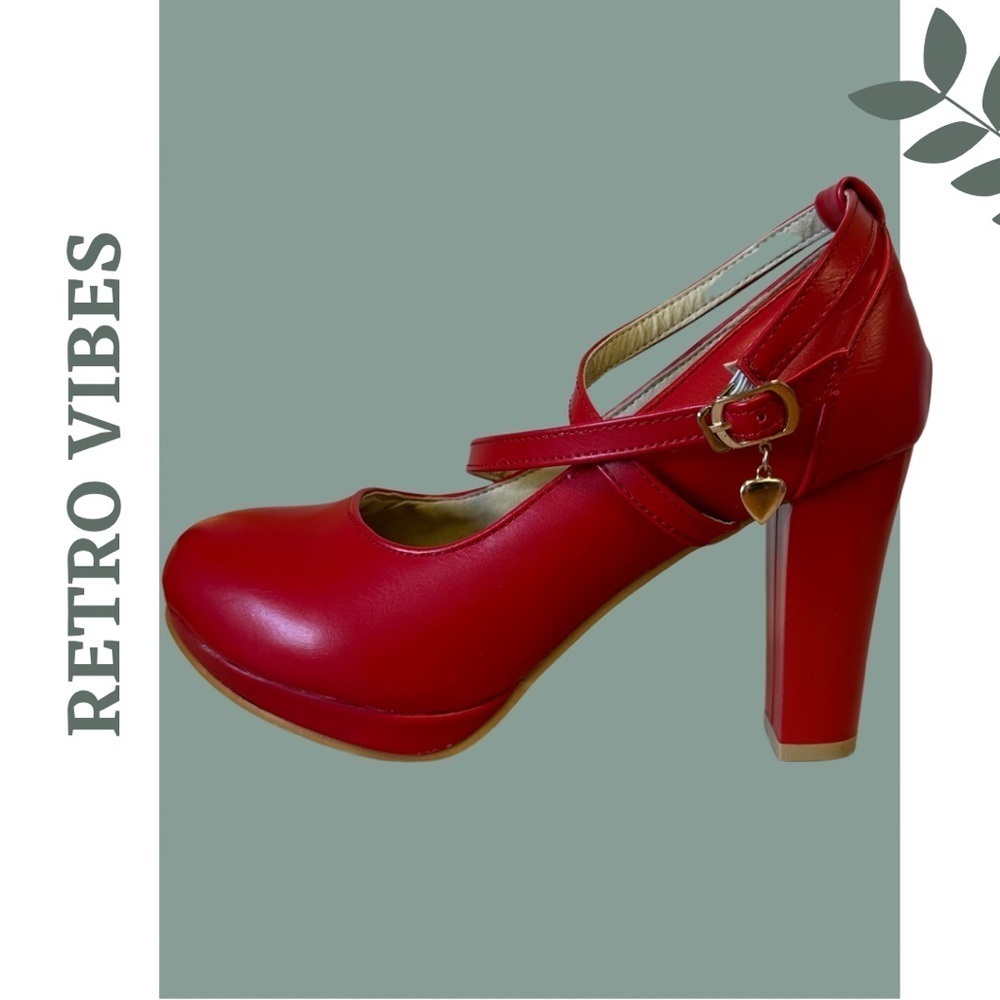 🛍️3/$40 Retro Vintage Inspired Red Platform Mary Jane High Heel Strap Sz 8.5 39